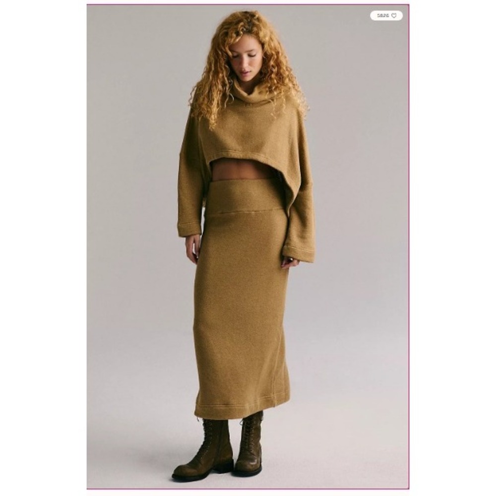 Free People Knit Turtleneck Sweater Cropped Top & Midi Skirt Set Tan S P‎